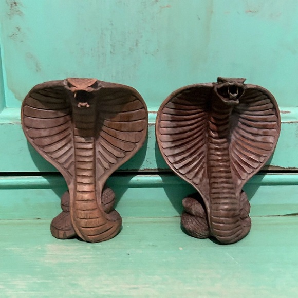 Vintage Set Of 4 Hand Carved Wood Cobras  Statuettes King Cobras Large Small - Picture 9 of 16
